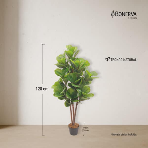 La planta artificial en maceta LIRA Nature de 120 cm, con anchas hojas verdes en una sencilla maceta negra, se alza contra una pared lisa. El logotipo de la marca "Bonerva Design" aparece en la esquina superior derecha.